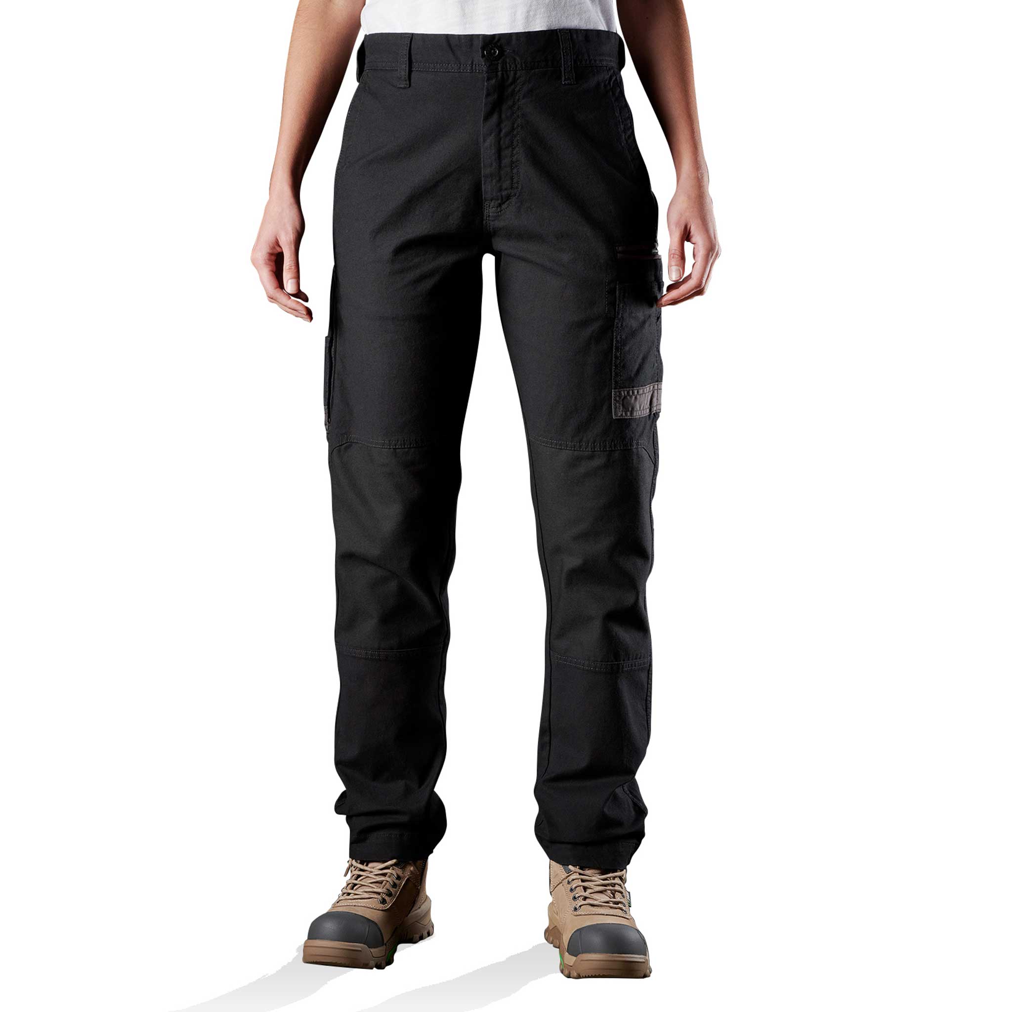 ladies black full length worksite pants with buttoned waistband, belt loops and straight cut cuffs
